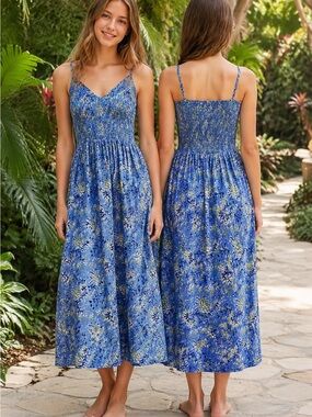 Blue Floral Smocked Midi Dress with Adjustable Spaghetti Straps